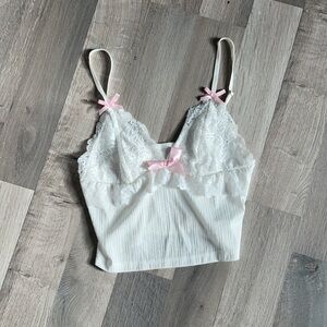 White Lace Crop Top with Pink Accents